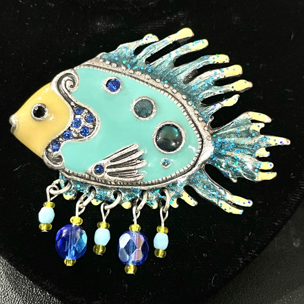 Large Aqua Blue Rhinestone Enamel Dangle Fish Brooch Pin